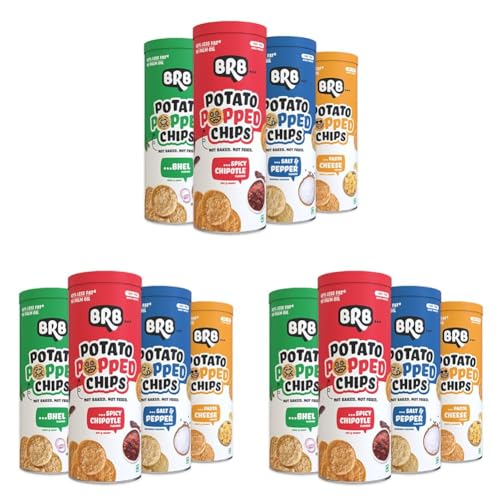 Image of BRB Popped Potato Chips | Not Baked, Not Fried | 4 Tubs X 85 Grams | 4 Flavours - Bhel, Spicy Chipotle, Salt & Pepper, Pasta Cheese | 60% Less Fat | Low Calorie | Healthy Snack (Pack of 3)