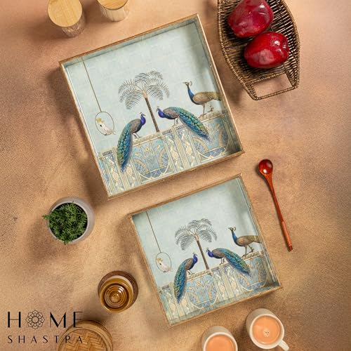 Image of Wooden Serving Tray with Gold Engraving | Set of 2 | Size : 12 x 12 inch & 10 x 10 inch | Enamel Coated Waterproof | Square Trays | Decorative Trays | (Blue Peacock Square Trays Set)
