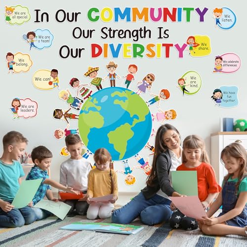 Image of HIQINLUG Diversity Strength Bulletin Board Decorations Set - Diversity Classroom Decor, Multicultural Bulletin Board, Earth Day Classroom Decor, Paper Cutouts, Wall Art