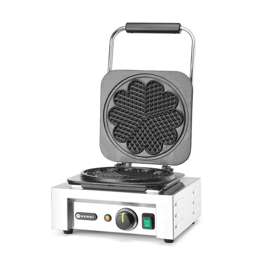 HENDI Gofrera eléctrica, gofres de Corazón, 5 moldes, con tenedor para gofres, T regulable, placas de hierro fundido antiadherente, 230V, 2200W, 320x437x(H)251mm, acero inoxidable