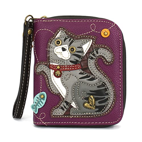 CHALA Zip Around Wallet, Wristlet, 8 Credit Card Slots, Sturdy Pu Leather - Gray Tabby Cat - Purple