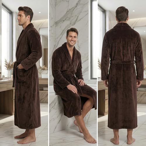 Image of FashGudim Mens Robes Big and Tall Full Length Plush Fleece Long Robe for Men Bathrobe Shawl Collar Warm Winter House Robes