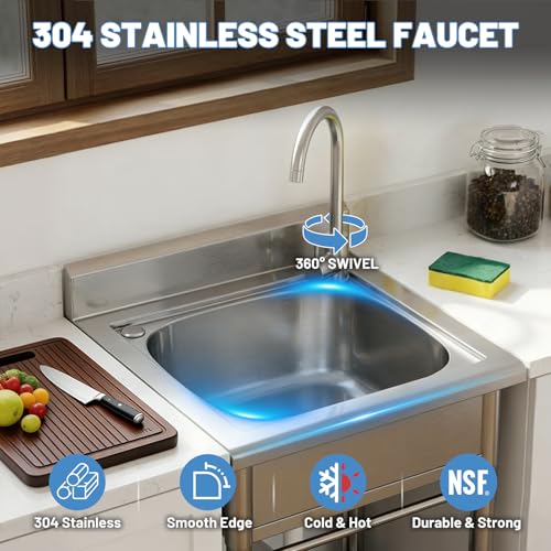 Image of Utility Sink Free Standing Single Bowl Kitchen Sink with Cold and Hot Water Pipe Stainless Steel Sink for Garage Shop Laundry Room Basement Garden Farmhouse Mens Gifts Outdoor Indoor fregadero