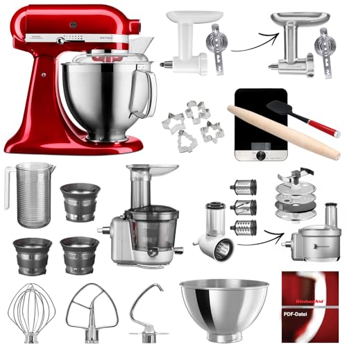 Preisvergleich Produktbild KitchenAid Artisan Küchenmaschine, 4,8 Liter, inkl. Zubehör, Fleischwolf, Gemüseschneider, Entsafter-Vorsatz, Backset inkl. Waage Liebesapfelrot Mega-Winter-Set