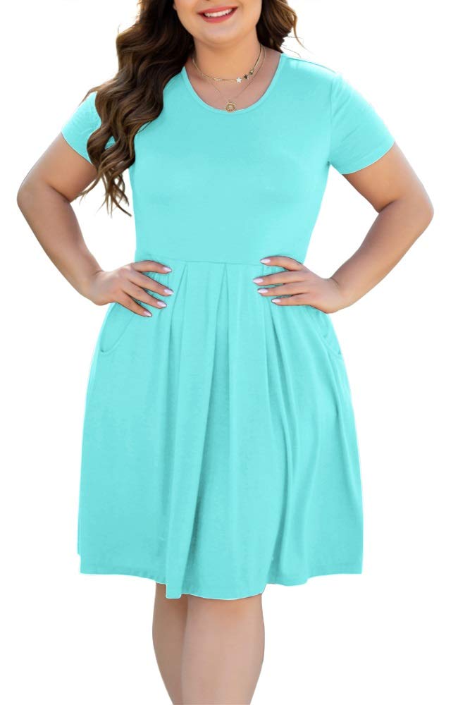 Women's Plus Size Long/Short Sleeve Dress Casual Pleated Swing Dresses with Pockets