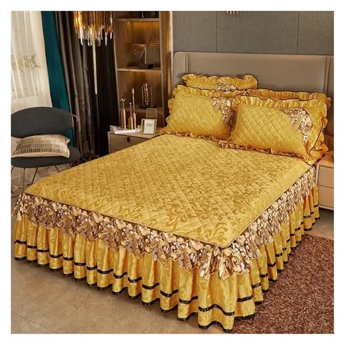 ZRHWSPD Falda de Cama Colcha de Felpa cálida de Invierno for Cama, Falda de Cama Gruesa, Juego de Cama de algodón Bordado de 3 Piezas con Fundas de Almohada(Golden,3 Pcs 160x200cm)