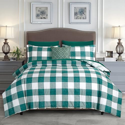 Image of Elegant Comfort 8-Piece Lodge Plaid Reversible Comforter Set - All Season Bed in a Bag, 4-Piece Sheet Set Featuring Smart Pockets, Matching Shams and Decorative Pillow, Twin /Twin XL, Sage