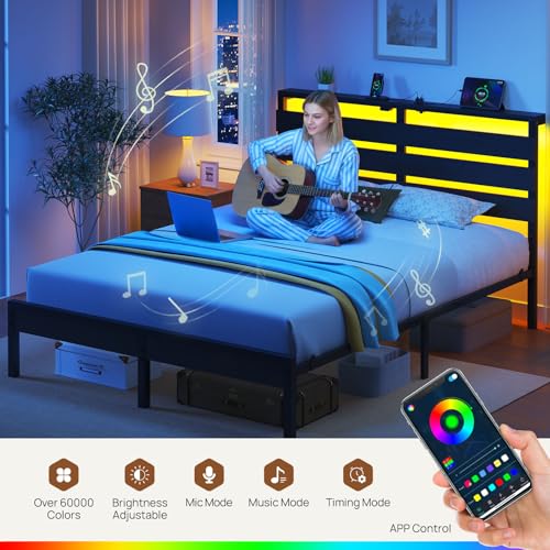 Image of Rolanstar Bed Frame Queen Size with USB Charging Station, LED Bed Frame with Wood Storage Headboard, Black Metal Platform Bed with Under Bed Storage, No Box Spring Needed, Noise Free