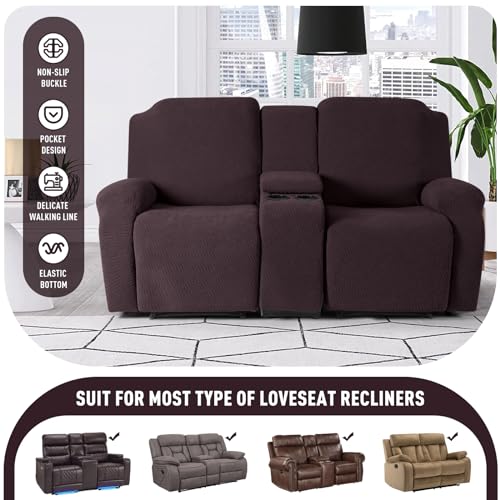 Image of KinCam Loveseat Recliner Covers with Middle Console Slipcover, Recliner Sofa Covers 2 Seat Couch Cover Stripe Jacquard Furniture Protector Covers with Elastic Bottom for Kids, Pets (Dark Coffee)