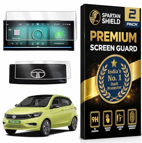 Image of Spartan Shield [2 PACK] Screen Guard For TATA TIAGO EV 2025 Facelift || XZ+ LUX Tech || 10.25 Inch Infotainment [Thin Corner] + Steering Cluster Protector || Anti Scratch | Water Resistant | HD Clear | High Touch Sensitivity || TiagoEv 9H Car Display Accessories 2026+ [Not Tempered Glass] [Not Compatible with NEW 2026 Facelift Model]
