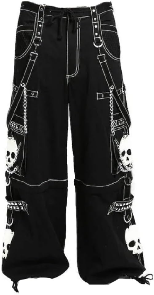 Darkrock Women Big Skull Gothic Punk Cargo Pants with Skull Design, Chain Details, Black, Wide Leg Style