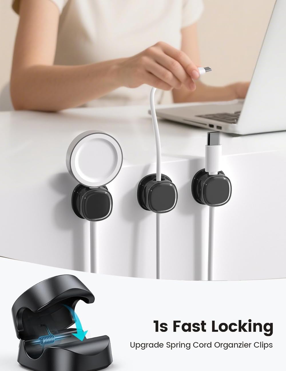 Spring Cable Clips Holder, 6Pack [1s Lock] Cord Organizer Cable Management, Easily Pull Cables in & Out Desk Cable Organizer, Strong Adhesive Wire Organizer Keeper for Nightstand Car Office - 3
