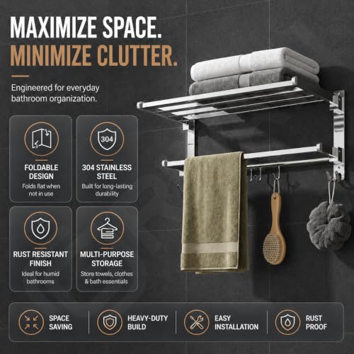 Image of GRIVAN 18-Inch Stainless Steel Towel Rack in Bathroom | Wall-Mounted Towel Stand with Hooks | Foldable Towel Holder & Cloth Hanger for Bathroom (Silver Chrome, 18 INCH)