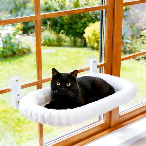 Katzen Fensterliege Faltbar mit 4 Saugnäpfen- Stabiles Katzenbett & Hängematte fürs Fensterbrett bis 20kg | Maschinenwaschbar Weiß/ Grau (Weiß, L- 52CM)