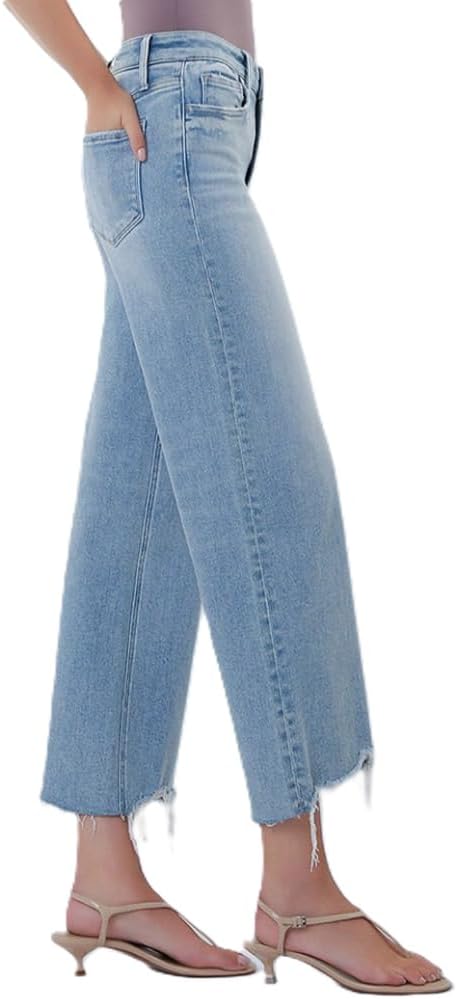 VERVET Women's High Rise Wide Leg Jeans, Light Blue Wash, Cropped Length with Distressed Hem, Comfort Stretch Denim