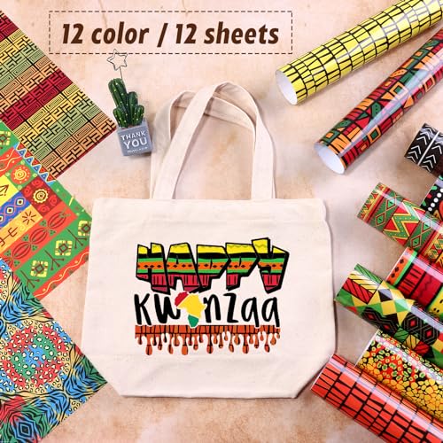 Image of Tintnut Kente African Heat Transfer Vinyl,12 Pcs 12x10in Iron on Vinyl | African patterned PU HTV sheets,easy cut & weed,stretch washable,works with iron & heat press for Kwanzaa crafts