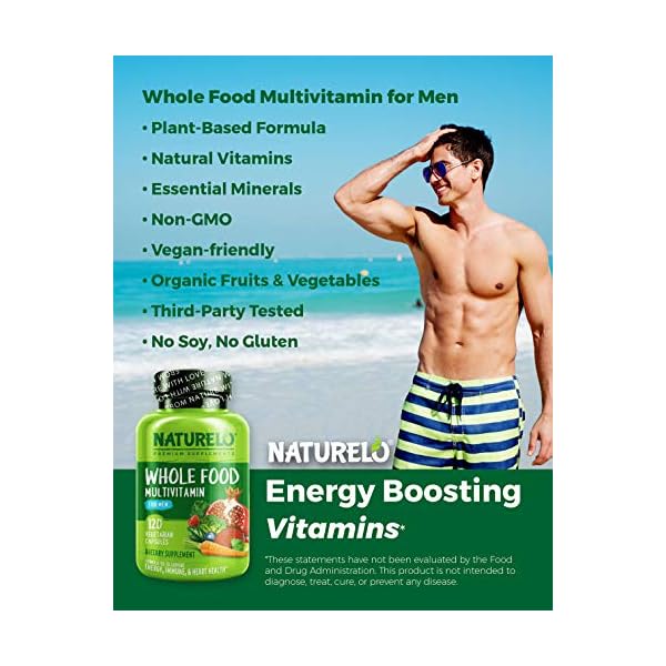 NATURELO Whole Food Multivitamin for Men - with Vitamins, Minerals, Organic Herbal Extracts - Vegetarian - for Energy, Brain, Heart, Eye Health - 120 Vegan Capsules