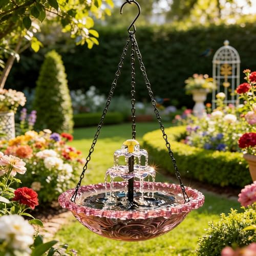 Abreuvoir suspendu pour oiseaux avec fontaine solaire en cascade, abreuvoir suspendu pour colibris avec pompe solaire, eau suspendue, attire les colibris et les oiseaux sauvages - Décoration de jardin
