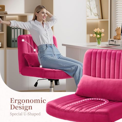 Image of Velvet Criss Cross Desk Chair with Wheels, Luxury Cross Legged Office Office, Swivel Wide Seat Vanity Chair, Armless Adjustable Height Gaming Chair Gift, Dusty (1, Barbie Pink)