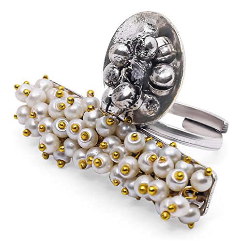 I Jewels Silver Oxidised Indian Wedding Bollywood Ethnic Adjustable Brass Finger Ring Embellished With ghungroo and pearl4