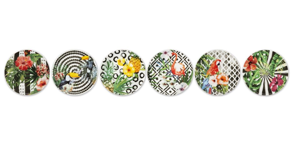 Excelsa Tropical Chic Set 6 Piattini in Porcellana per Aperitivo e Dessert, Decorazioni Tropicali