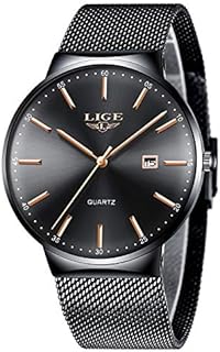 LIGE Mens Watches Waterproof Stainless Steel Fashion Simple Analog Quartz Calendar Black Dial Wrist Watch