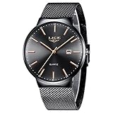 LIGE Montre pour Homme étanche en Acier Inoxydable Simple à Quartz analogique avec Calendrier et Cadran Noir, Noir, 8.07, Bracelet