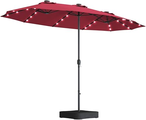 Tangkula Sombrilla grande de patio de 15 pies con luces solares, doble cara para exteriores con base incluida, 36 luces LED, para jardín, terraza,
