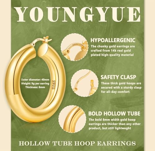 YOUNGYUE 8mm Chunky Gold Hoop Earrings Hypoallergenic 925 Sterling Silver Hollow Tube Hoop Earring Lightweight 14K Real GoldPlated Thick Gold Hoops Earring for Women 30/40/50mm2