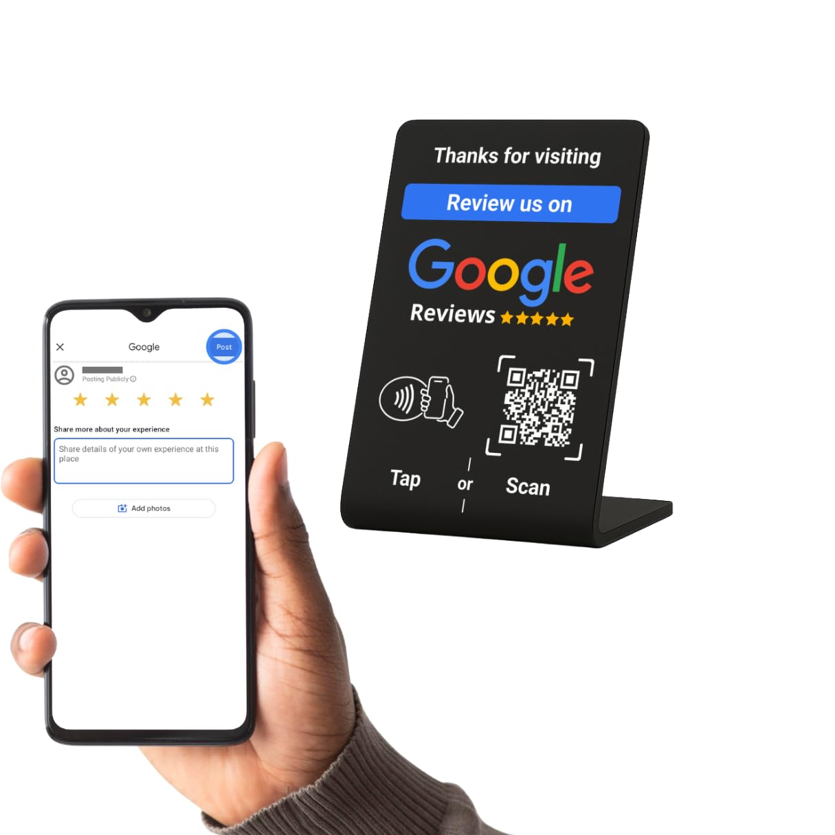 NFC Tap Google Review Stand - Boost Customer Feedback with Tap & Scan QR - No App, No Subscription - Works on iPhone & Android (Black, 1 Pack - 4.13"x2.75")