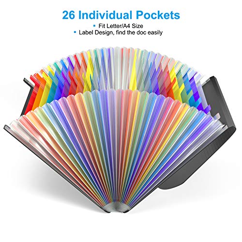 BluePower 26 Pockets Accordian File Folder Organizer, Expanding Filing Box A4 Letter Size Expandable Plastic Folders, Portable Accordion Document Paper/Bill/Receipt/Files with 3 Pcs A-Z Alphabet Tabs