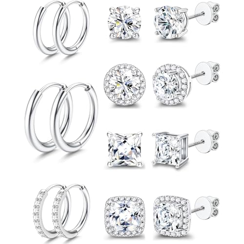 Surgical Steel Stud Earrings for Men Women, S925 Sterling Silver Hypoallergenic Cubic Zirconia Earrings Studs & Hoops Set, Big Brilliant Simulated Diamond CZ Halo Stud Earrings for Sensitive Ears