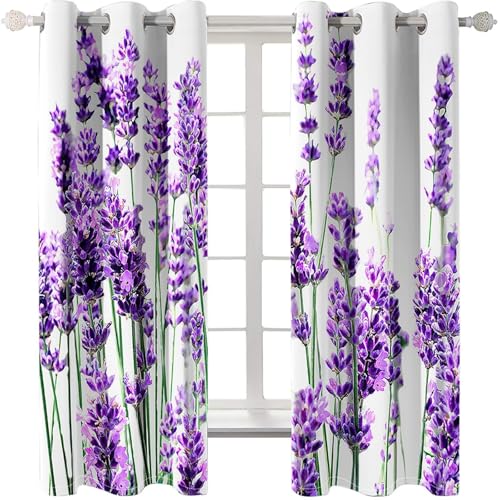 Homxi Cortina Habitación 2 Paneles Opacas,2 x 214W x 229H CM,Cortina de Salon Ojales Patrón de Lavanda Cortinas Púrpura Verde Blanco de Ventana