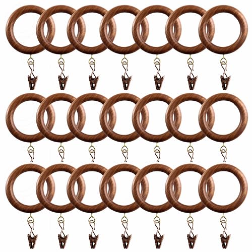 24 Pack of Wooden Curtain Rings with Clips (1.75 inch Inner Diameter) Wood Drapery Rod Rings (Compatible Up to 1 Inch Thickness Rod) Handmade Rosewood Curtains Hook Rings with Clips Drapes Rods.
