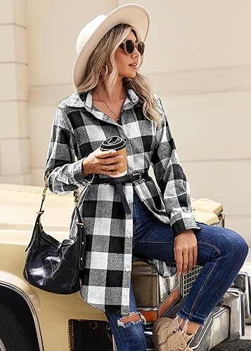 Zeagoo Flannel for Women 2025 Fall Fashion Long Sleeve Plaid Button Down Shirts Shacket Blouse Top with Pockets3