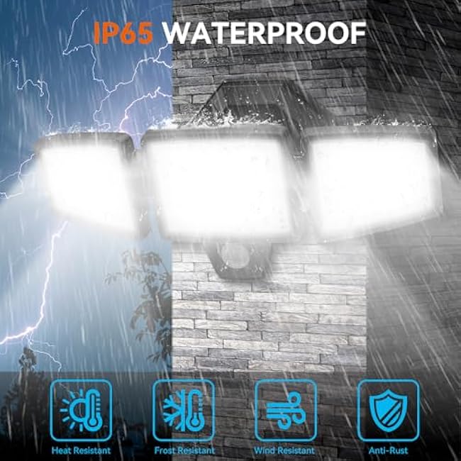 65W LED Security Lights Motion Flood Sensor Lights 6500K Flood Light Adjustable 3 Head