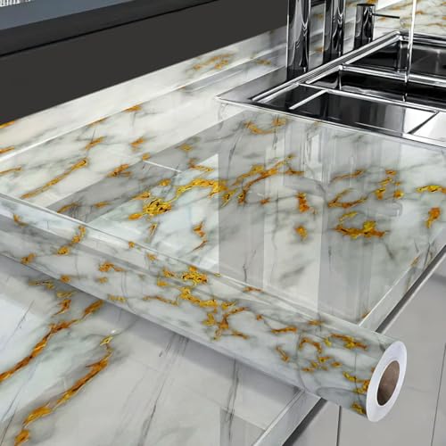 JSK ENTERPRISE Vinyl Marble Wallpaper Peel and Stick Waterproof Wallpaper for Home Kitchen Countertop Cabinet Furniture Oil Proof Kitchen Stickers (60X200) (New Gold White) (B0DFY2GJC7) Amazon Price History, Amazon Price Tracker