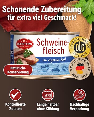 DREISTERN Schweinefleisch im eigenen Saft 300g I Mit Schweineschwarte I Herzhafte Spezialität in recyclebarer Konservendose I Lange Haltbarkeit dank natürlicher Konservierung I Hausmacher Qualität