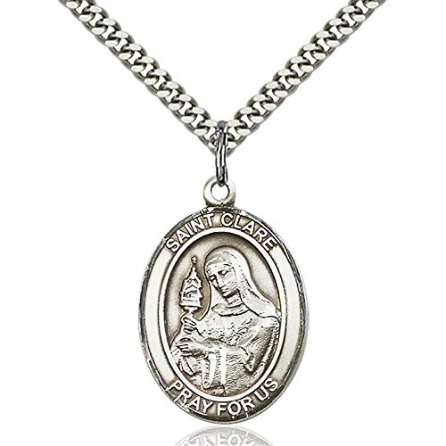 Bonyak Jewelry Saint Medal Collection Sterling Silver St. Clare of Assisi Pendant 1 x 3/4 inches with Heavy Curb Chain