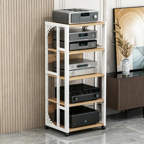 BQZKTVED Gabinete HiFi con ruedas 360° y estantes regulables, mueble multimedia de acero madera para tocadiscos, salón estudio