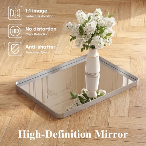 Image of Sweetcrispy Bathroom Mirror 40x24 Inch Metal Framed Rounded Rectangle Vanity Mirror for Wall, Over Sink, Farmhouse, Restroom, Anti-Rust, Modern Decorative, Horizontal or Vertical Hanging, Silver