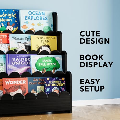 Image of SpaceAid 4-Tier Scalloped Bookshelf, Montessori Bookcase for Toddlers, Wooden Book Shelf Organizer Display Furniture for Kids Rooms, Playroom, Nursery and Classroom, 29.6 inch Wide, Black