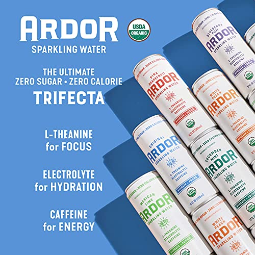 Image of Ardor Organic Sparkling Water Variety Pack, 12 oz can (12 pack) 6 flavor variety - Mexican Lime /Pink Grapefruit /White Peach /Blueberry Pom /Cucumber Mint /Original