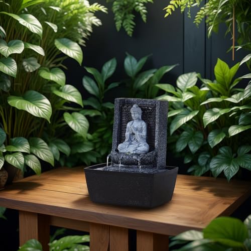 Zen'Light - Zimmerbrunnen Nirvana - Wasserfall mit Buddha & Weißer LED-Beleuchtung - Moderne Zen Deko, Ideal für Meditation & Entspannung - Feng Shui - H 26cm, Grau