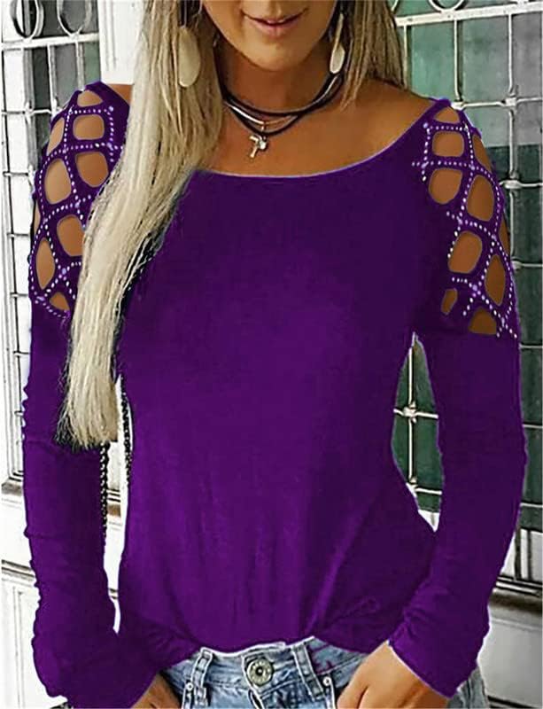 Andongnywell Women's Strappy Cold Shoulder Tops Casual Loose Basic T Shirts Round Neck Long-Sleeved Blouses