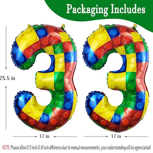 Image of 32 Inch Building Block Number 33 Balloons birthday Block Themed Large Big Helium Foil Mylar Balloon for Girls Boys Birthday Party Decoration Supplies