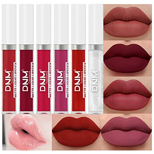 DNM 5Pcs Matte Liquid Lipstick + 1Pcs Clear Lip Plumping Plumper Gloss Makeup Set Kit, Original 24 Hour Dark Red Liquid Matte Matt Lipstick Set Lip Stain Long Lasting Waterproof for Black Women Set01