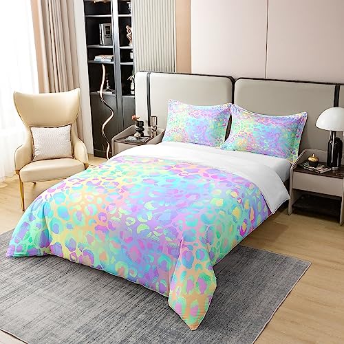 Leopard 100% Cotton Duvet Cover Cheetah Print Rainbow Bedding 100% Cotton Set Modern Leopard Design Colorful for Kids Room Decor Lightweight Quilt Cover with 1 Pillowcases 2Pcs Bedding Single Zipper - Image 2