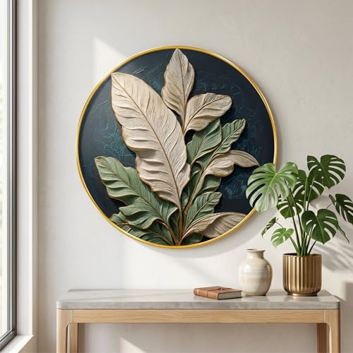 Image of SAF 3D Textured Leaf Wall Painting with Golden PVC Frame Round Botanical Wall Art Modern Luxury Design for Living Room Bedroom Office Home Decor Elegant Gift Item (23 x 23 Inch) GR-352