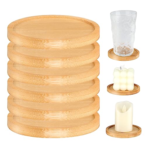 Round Candle Coasters, 6 PCS Wooden Candle Holder(Oiled), Round Bamboo Candle Tray for 9cm Diameter Candles, Candle Plate for Baptism Candles for Wedding, Home, Festive Decoration